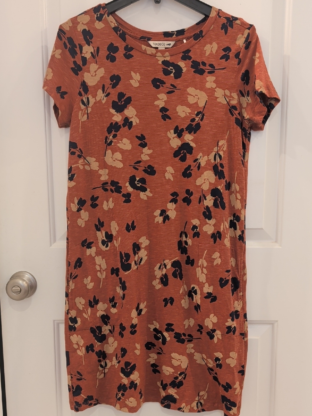 Toad&Co Rust Orange Floral Crewneck Mini Dress with Navy and Cream Accents